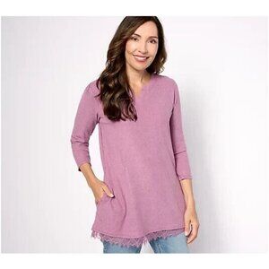 LOGO Lounge by Lori Goldstein Rib Knit Top with Lace Hem Mauve Orchid,XXS